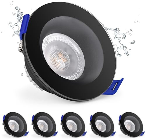 KYOTECH LED Einbaustrahler 230V 5W IP65, LED Spots Einbauleuchten 68-75mm, Ultra Flach Warmweiß 3000K Deckenspots, Spots Deckenleuchte für Badezimmer Küche Wohnzimmer, Rund Schwarz 6er Set