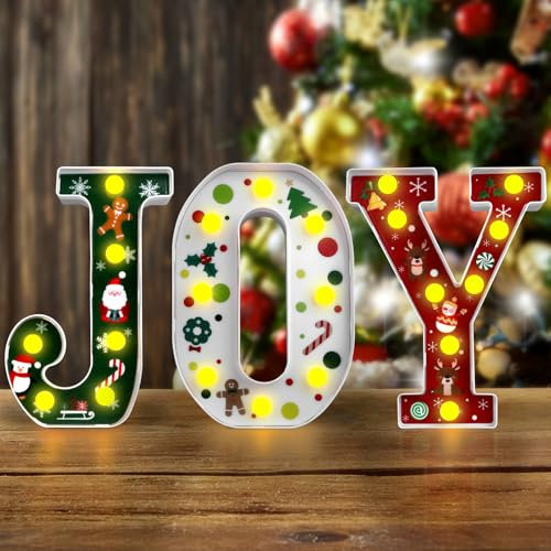 3 Pcs Christmas JOY LED Letter Lights Sign Christmas Decorations Indoor Marquee Light Up Letters Battery Powered Christmas Table Decorations for Mantle Home Bedroom Fireplace Wall Xmas Party Gifts
