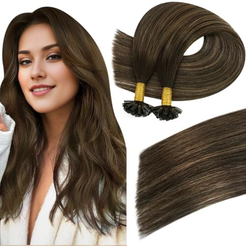 Easyouth Balayage U Tip Hair Extensions Real Human Hair Brown Nail Tip Hair Extensions Human Hair Darkest Brown to Light Brown Ombre U Tips Human Hair Extensions 16 Inch 50g/50s
