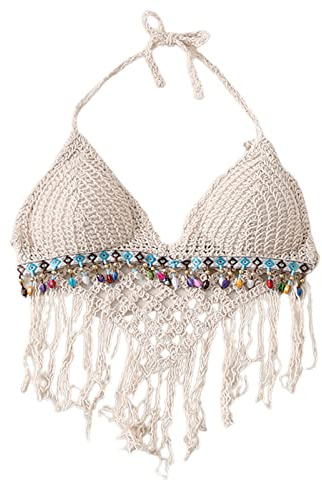 ROYJJ Reggiseno da donna all'uncinetto crop top multicolore con perline di cristallo nappe in maglia bralette imbottita da spiaggia