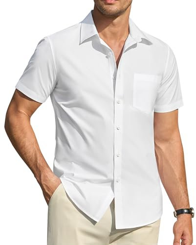 DEMEANOR Camisa de manga corta para hombre, camisa informal para hombre, camisa de negocios de corte regular, camisa de negocios para hombre, camisas sin planchado, Blanco real, M