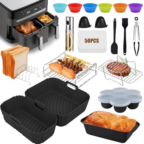 YAOYIN Moule Silicone Air Fryer pour Moulinex Dual Easy Fry 5,2/3,1L, 69 Pcs Accessoires Air Fryer pour moulinex - EY9018 EZ9018 Moule Air Fryer Accessoires, Grille Racks,Moule Cake,Papier Cuisson etc
