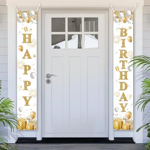 PartyYaa Cartel de feliz cumpleaños, decoración de puerta de cumpleaños, fondo de cabina de fotos de fiesta, cartel de decoración de puerta para interiores y exteriores (oro blanco)