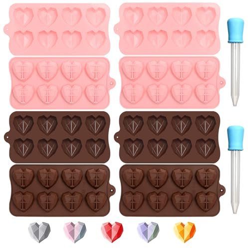 4 PCS Heart Baking Mould Silicone, 8 Cavity 3D Heart Shape Diamond Chocolate Moulds with Two Droppers,Silicone Ice Cube Tray for Make Chocolate Candy Jelly