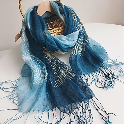 WDCDYQDH Damen-Batik-Leinenschal, Farbverlauf, Blau, Ethno-Stil, Bedruckt, Schal mit Fransen, lang, warm, Seide, für alle Jahreszeiten (Farbe: Stil 3, Größe: 60 cm x 185 cm) (Stil 3