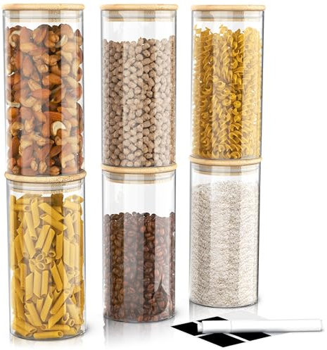 Arendo - Vorratsgläser mit Deckel - 6er Set - Behälter aus Glas – hitzebeständig – Vorratsdosen mit Bambusdeckel - luftdicht - für Müsli Zucker Mehl Kaffee Reis