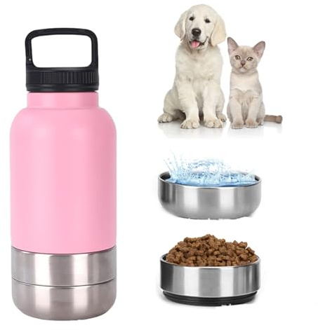 3-in-1 Dog Water Bottle, Stainless Steel Insulated Pet Bottle with Detachable Food & Water Bowls, Portable Puppy Water Bottles for Walking, Travel & Outdoor Adventures (Pink, 32oz)