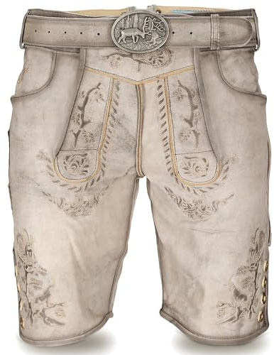 STEIGENHÖFER Lederhose Herren kurz - Vintage Trachtenlederhose Franz mit Gürtel - 100% Rindsleder Trachtenhose im Antik-Look - Echtlederhose für Oktoberfest & Volksfest