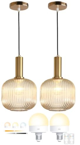 Battery Operated Wireless Pendant Lights USB Rechargeable Hanging Light with Remote Timer Modern Gold Amber Ball Chandelier Ceiling Light Fixtures for Bedroom Living Dining Room Hallway(Set of 2)
