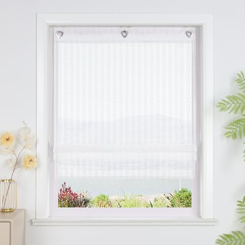 SCHOAL Raffrollo ohne Bohren Transparent Rollo mit Ösen Landhaus Jacquard Gardine 1 Stück BxH 80x140 cm Weiß