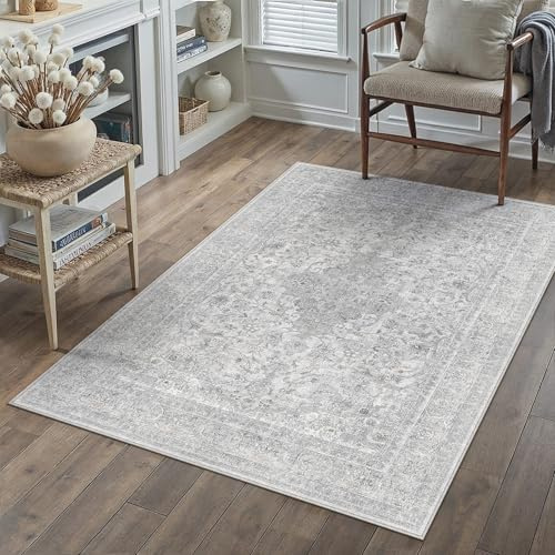 PureCozy Vintage Waschbarer Grau Teppich Wohnzimmer 80x150cm Teppiche | Weich Kurzflor Groß Carpet, Rutschfest, Leicht, Schlafzimmer, Esszimmer, Büro, Kinderzimmer