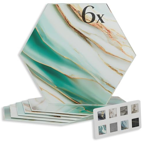 HEXIM Marmorplatten Optik 6 Stück SPC Hexagon 25 x 21,5 cm Innen & Außenbereich Granit Steinoptik Kunststoff Fliesen - Marmor Dekor Wandfliesen grün gold (80118)