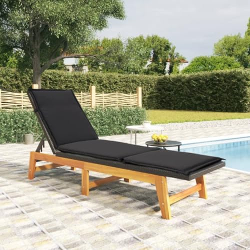Owoxanthellate Sonnenliege klappbar 200x54x87 cm Schwarz-Braun Poly Rattan Akazie 4-Fach verstellbar mit 4 cm gepolstertem Kissen Modernes Design für Garten Balkon Terrasse Pool Saunaliege