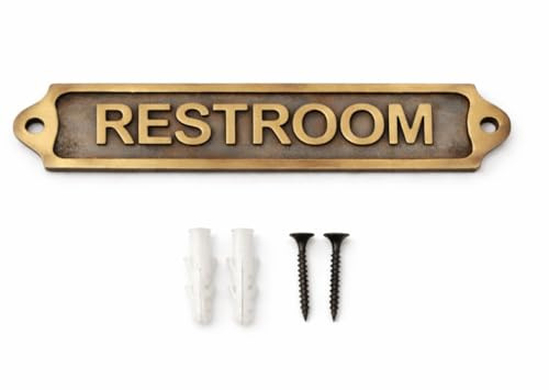 Antique Brass RESTROOM Door Sign Plaque with Raised Lettering, Cast Metal Toilet Door Name Plate for Home, Office, Hotel, Café, Restaurant, Pub, School, Clinic & Commercial Building, 22 x 5 cm