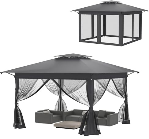 YRHome Pop Up Faltpavillon,EIN Knopf Install Partyzelt mit Entlüftung,Doppeldach Höhenverstellbar Gartenzelt Mit Moskitonetzen,Wasserdicht &UV Schutz, inkl Tasche - Anthrazit(Schattenfläche 4x4m)
