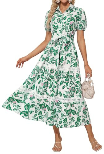 GRACE KARIN Womens Eelgant Short Sleeves Shirt Dresses Vintage Medieval Corset Floral Maxi Dresses for Wedding Holiday Green Flower M