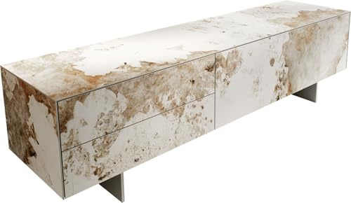 DELIFE TV-Board Cuor Keramik Minas Melange Weiß-Beige 180 cm 1 Klappe 2 Schubfächer Fuß Schwebeoptik Edelstahl Lowboard