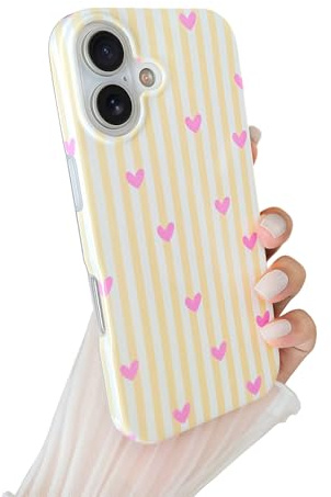VCGFJD for iPhone 16 Plus Phone Case, Cute Striped and Heart-Shaped Pattern Aesthetid Design,Fashion Soft TPU Slim Shockproof Protective Cover for Women Girls, Yellow
