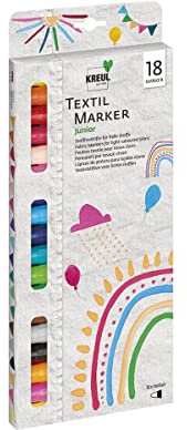 KREUL 90721 - Textil Marker medium Junior, 18 Stoffmalstifte für helle Textilien, mit großer unempfindlicher Faserspitze, Strichstärke circa 2-4 mm, waschecht nach Fixierung