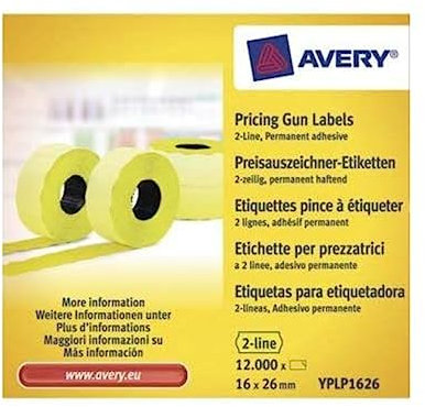 Avery Zweckform YPLP1626 Preisauszeichner-Etiketten, 2-zeilig, 16 x 26 mm, 10 Rollen/12.000 Etiketten, gelb
