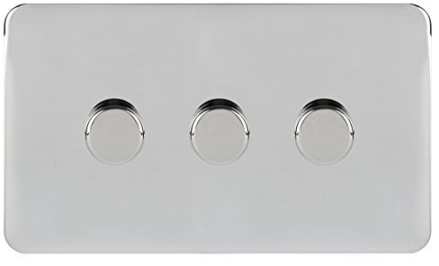 Schneider Electric Lisse Screwless Deco - 3 Gang Universal 2 Way Dimmer Light Switch, 250W/VA, GGBL6032CPCS, Polished Chrome
