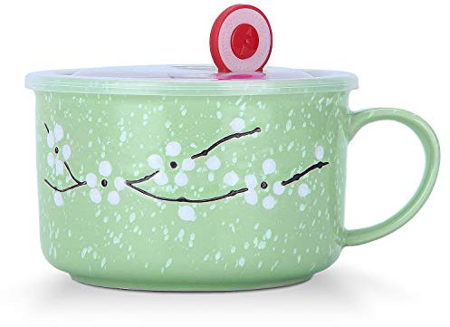 VanEnjoy 30oz Ceramic Bowl with Lid & Handle,Cherry Blossoms Among Snow Flake Pattern,Microwave for Instant Noodle Sara, Cereal Bowl
