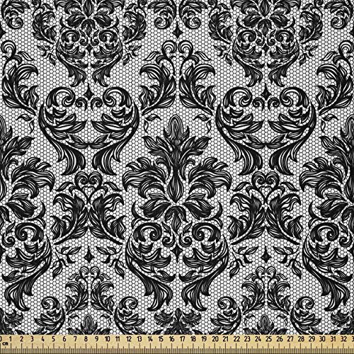 ABAKUHAUS Barock Stoff als Meterware, Weinlese-Spitze-Art, Microfaser Multi Zweck Dekostoff für Kunsthandwerke, 3M (148x300cm), Weiß und Schwarz