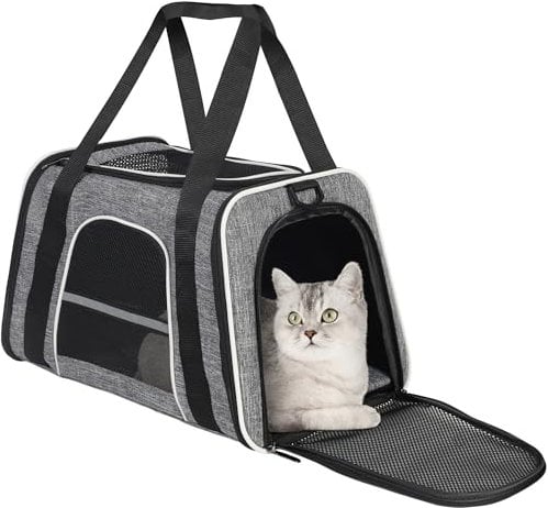 Katzen Transportboxen, Atmungsaktive und Faltbare Hundebox,Hundetasche Transportbox mit Verstellbarem Schultergurt für mittlere Katzen und kleine Hunde Welpen bis 14 lb (Grau)
