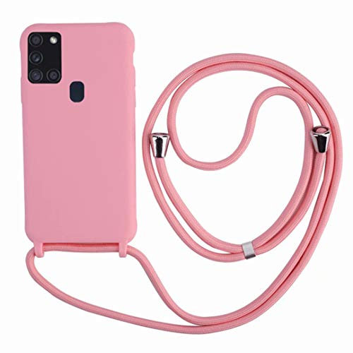 2ndSpring Handykette Schutzhülle kompatibel mit Samsung Galaxy A21S Handyhülle mit Band,Halsband Lanyard Silikonhülle,Soft Silikon Pink
