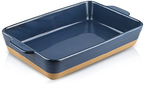 HVH Large Casserole Dish, 9x13 Baking Dish for Oven, Ceramic Lasagne Pan Deep, Lasagna Baking Dishes for Casseroles 13 x 9, Ceramic Bakeware, 9x13 Baking Pan for Oven, Farmhouse Style (Blue)