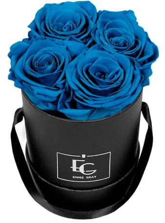 Classic Infinity Rosenbox | Round | XS - 4 wunderschöne Infinity Rosen mit langjähriger Haltbarkeit, echte Rosen die bis zu drei Jahre blühen, Flowerbox (Aquamarine)