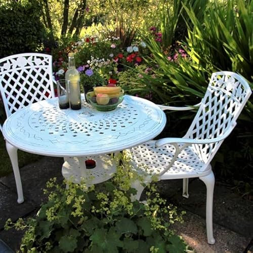 Lazy Susan 80 cm Runder Anna Gartentisch in Weiß mit 2 Rose Stühlen, Ohne Sitzkissen | Nachhaltiges Sandguss-Aluminium | Wetterfest | Rostfrei | Wartungsarm | 3 Jahre Garantie