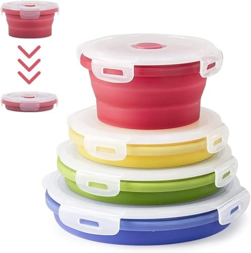 Virklyee Boîte à Lunch Pliante en Silicone 4 PCS Pliable Stockage D'aliments en Silicone Boîte à lunch en silicone pliable Récipients Pliables en Silicone Stockage facile (Ronde Couleur o2)