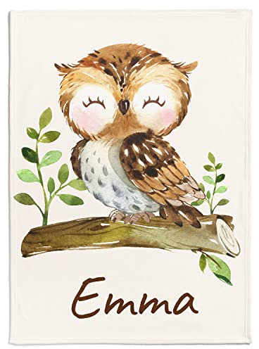 Personalisierte Babydecke mit beliebigem Namen & Eulenmuster | Individuelle Kinderdecke Baby Decke Namensdecke (Eule), 80 x 110 cm