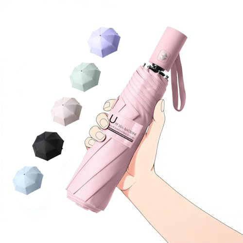 BAODINI Small UV Protection Travel Umbrella Compact for Rain and Sun UPF 50+ Windproof Portable 42 inch Umbrella for Women and Men Pink