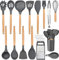 Joyfair Kitchen Utensils Set, 25 Pieces Soft Silicone Cooking Utensil Set with Holder, Natural Wooden Handle Kitchen Spatula Spoon for Cooking Baking, Non Stick & Heat Resistant, Grey
