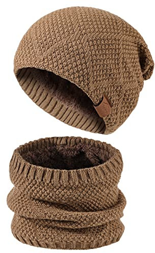 TAGVO Herren Mütze Schal Set Lässige Beanie Strickmütze, Wintermütze Winterset Strick Beanie Wolle Loop Schal mit Dicke Fleecefutter Khaki