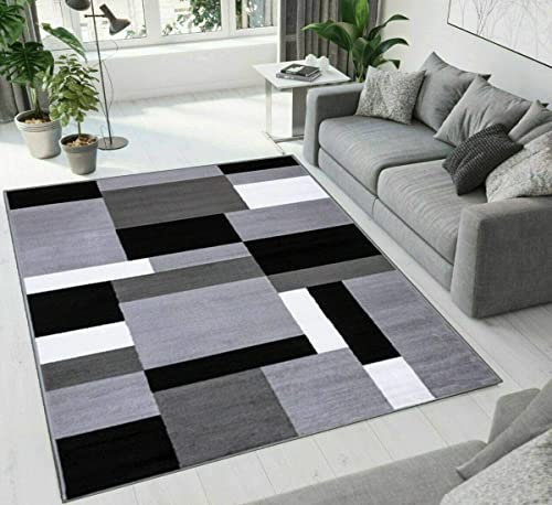Large Area Rugs Living Room Bedroom Soft Carpet Kitchen Hallway Runner Floor Mats Normal Pile Geametric Patterned Rug (Grey-Black, 120 x 170 cm)