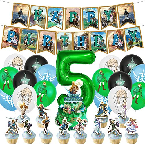 Animation Spiel Geburtstagsdeko Kindergeburtstag Deko Geburtstag Deko 31 Stück-1 Banner, 1 Kuchen Topper, 12 Cupcake Topper, 16 Latexballons, 1 Nummern Folienballon-3 jahre/4 jahre/5 jahre(5 Jahre)