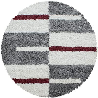 Carpetsale24 Teppich Wohnzimmer Moderne Kariert Design Shaggy Flokati 200 cm Rund Rot-Grau-Creme - Hochflor Runder Teppich Schlafzimmer Extra Weich Pflegeleicht - Langflor Flauschiger Teppich Küche