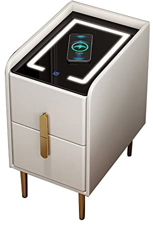 REALN Bed Side Table for Bedroom, Bedside Tables with Drawers, Smart Nightstand with Wireless Charging Station and 3 Colors Led Lights (Color : Bianco, Size : 25cm)