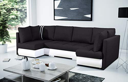 ALTDECOR Ecksofa in U-Form mit Schlaffunktion und Bettkasten, Polstercouch Wohnlandschaft rückenecht gepolstert, ideal als Gästebett - RITY - 288x144x90cm Schwarz/Weiß