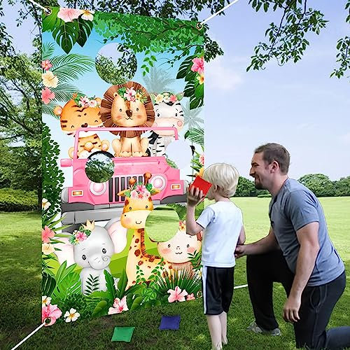Safari-Tiere werfen Spiele Banner mit Bohnensäcken, Dschungel-Tier-Party-Spiel für Mädchen, Safari-Tiere Foto-Hintergrund für Wilde Tiere Party Supplies Zoo Party Dschungel Geburtstag Dekorationen