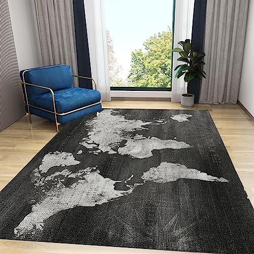 Abstrakte Weltkarte Großflächiger Weicher Teppich, Vintage Schwarzer Nautischer Kompass Hotelteppich, Schmutzabweisender Schutzboden für Wohnzimmer Schlafzimmer 60 x 120cm