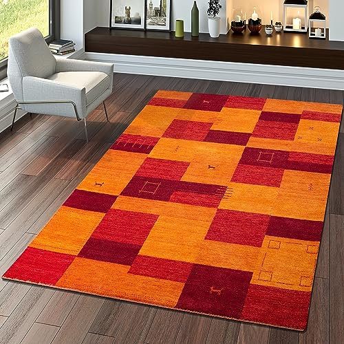 TT Home Teppich Indischer Gabbeh Handgefertigt Modern 100% Wolle Karo In Terrakotta, Größe:200x300 cm
