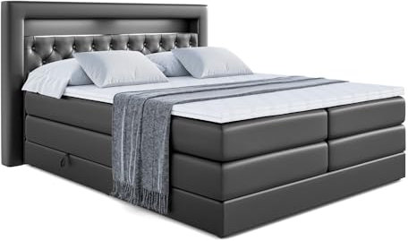 ALTDECOR Boxspringbett mit Matratze und Lattenrost, LED, Topper, Polsterbett mit Bettkasten, Bett mit Stauraum H3- und H4- Matratze, Doppelbett - Noel Gold King - 140x200 - Schwarz Kunstleder