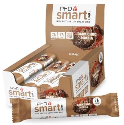 PhD Nutrition Smart Bar Protein Riegel 12 x 64g Zartbitter-Mokka - High Protein Snack mit 20g Eiweiß und wenig Zucker, Makrofreundlicher Eiweißriegel
