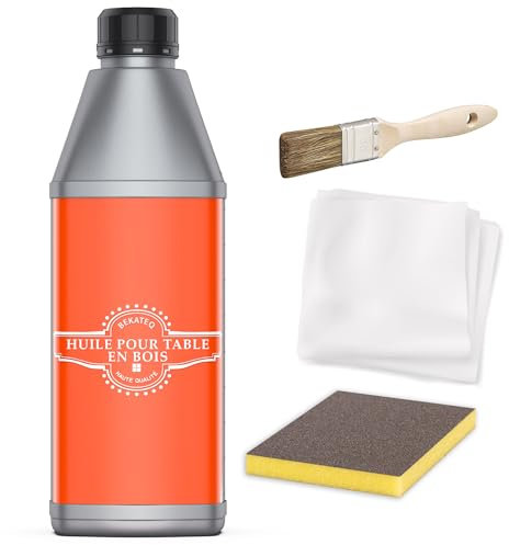 BEKATEQ Huile pour table en bois 0,5L - Set de éponge abrasive, chiffon de nettoyage & pinceau - Huile pour plan de travail, meubles & bois - Biologique, sans solvants, hydrofuge, antisalissure LS-240