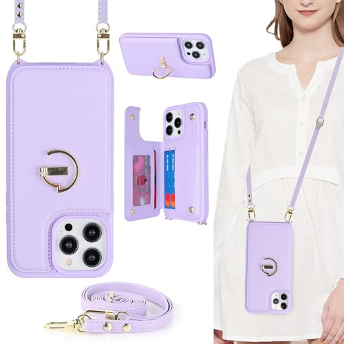 ELTEKER for iPhone 15 Pro Phone Case with Card Holder and Strap,PU Leather Wallet Case Flip Cover with Crossbody Lanyard Strap for iPhone 15 Pro (6.1 Inch)-Purple