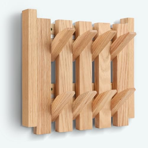 Natural Wood Wall-Mounted Piano Coat Rack - 8 Flip Down Hooks, Black Walnut Entryway Wall Art Hook Rack, Space-Saving Wall Mount Design for Coats and Accessories